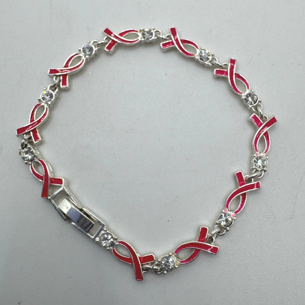 NRG Avon Pink Ribbon Breast Cancer Awareness Silver Crystal Link Bracelet 7"